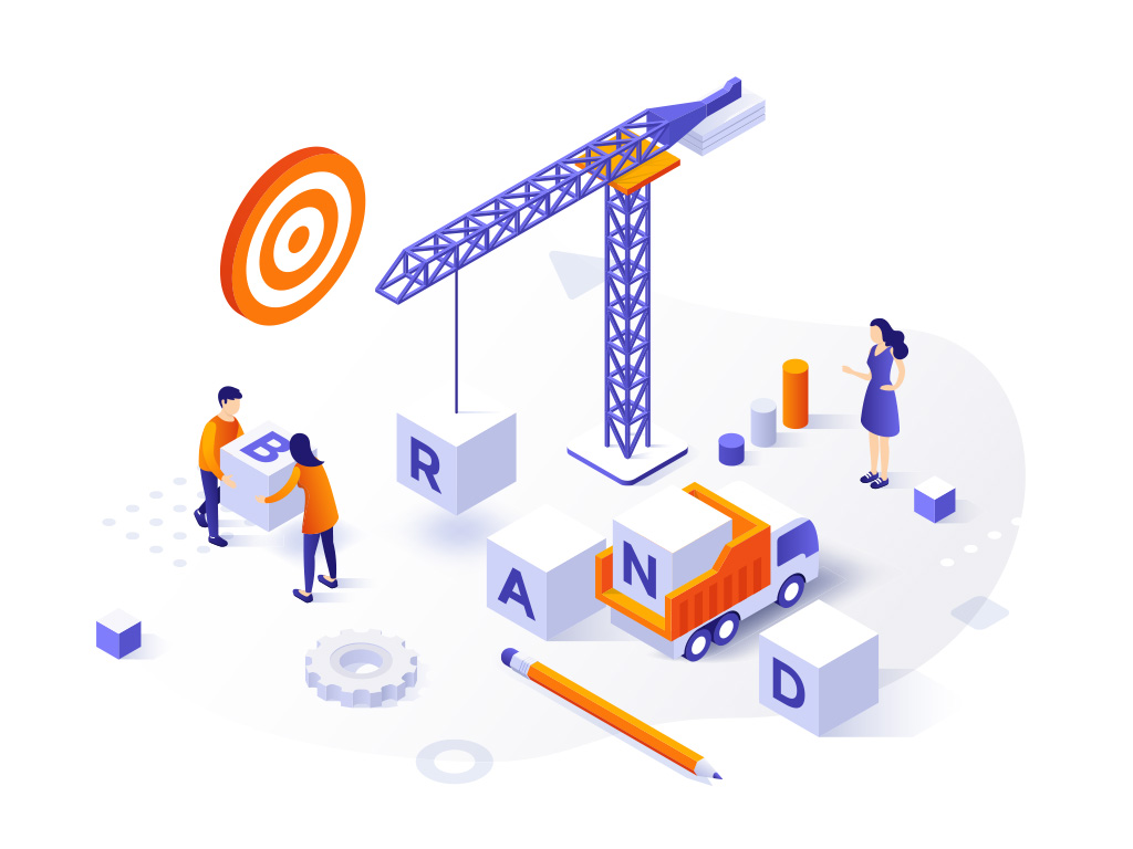 Isometric illustration of a construction scene where men and women are building a brand