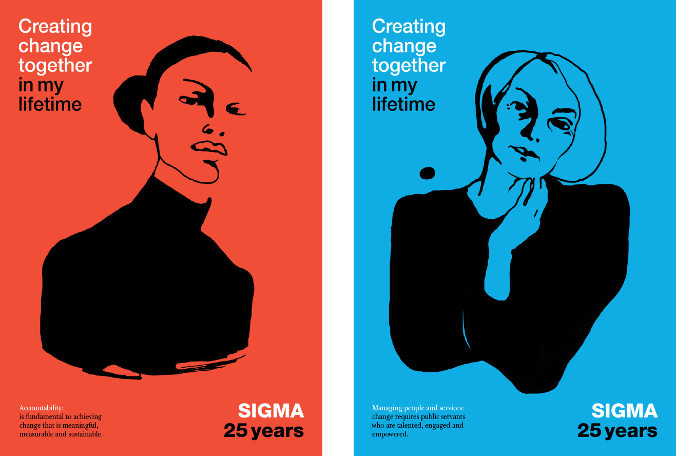 In Public Policy, SIGMA's mission is to strengthen the foundations for improved public governance. Pictured are ink drawn portraits by Stina Wirsén from our campaign "in my lifetime"