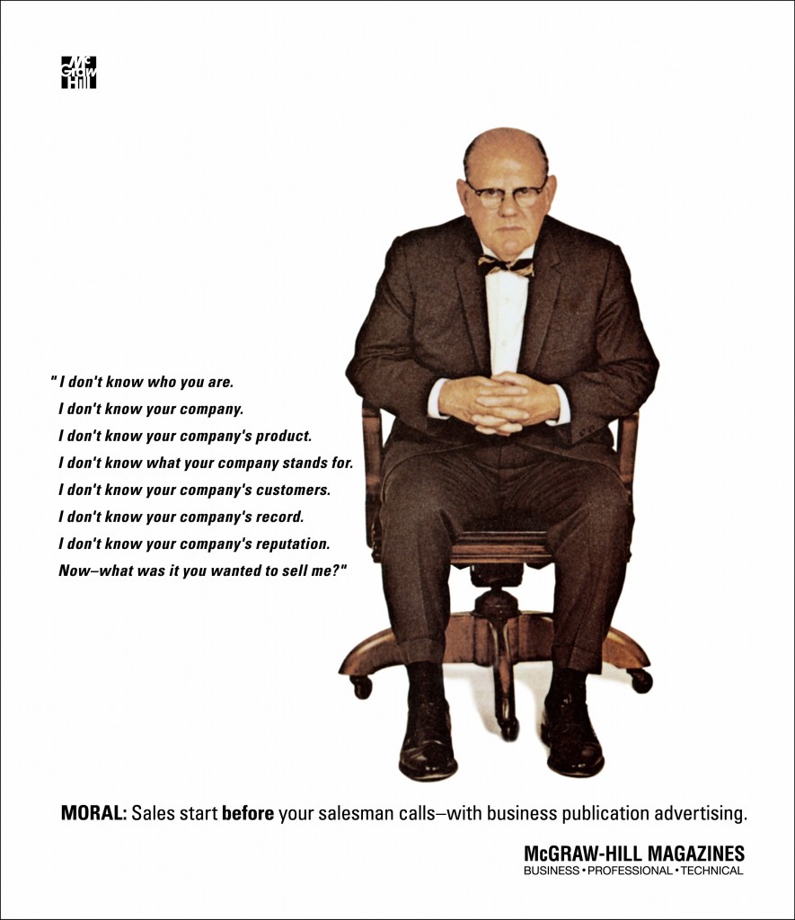 Advertisement for McGraw Hill from the 1950s showing a skeptical business man, looking impatient in front of a presumed salesman.