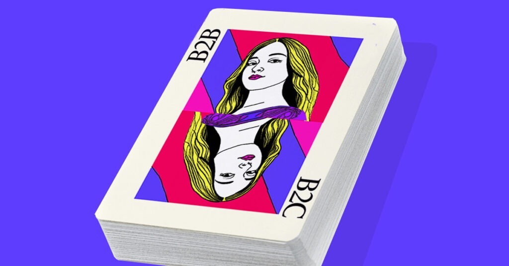 An Image of a deck of playing cards with a modern young woman in the place of the Queen, with B2B and B2C written on the opposing corners of the card