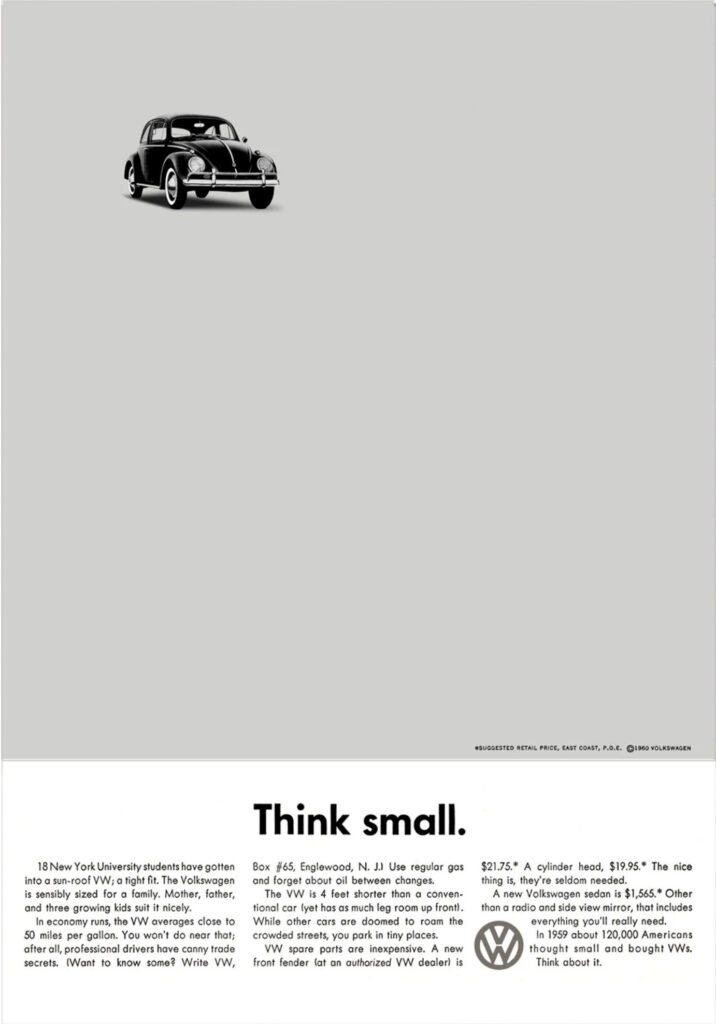 Famous VW beetle ad from 1960 with the title 'Think Small'.