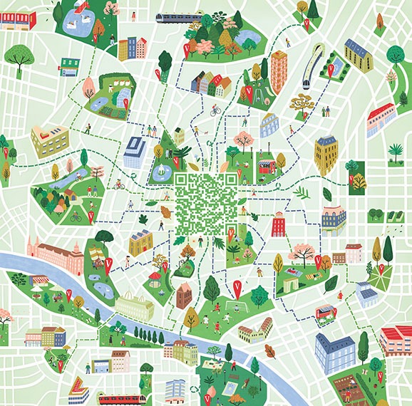 Ruby Taylor for Vittel showing illustration of a city with a QR code in the middle.