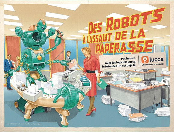 A retro robot sorting papers in a 1950s style office, illustration